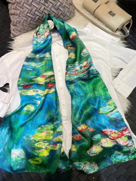 Scarf 100% Silk Green Blue Flower